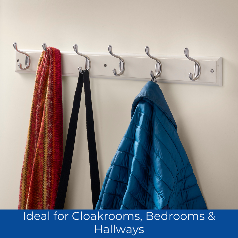 Cream Wall Mounted Coat Rack with Basic Satin Nickel Double Hooks - 6 Hooks