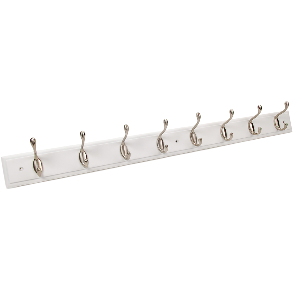 White Wooden Wall Mounted Coat Rack with Basic Satin Nickel Double Hooks - 8 Hooks
