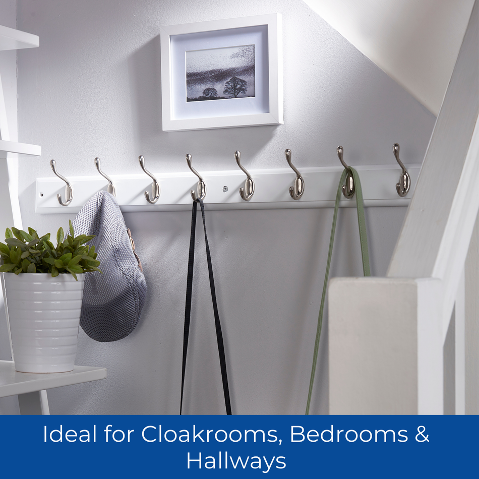 White Wooden Wall Mounted Coat Rack with Basic Satin Nickel Double Hooks - 8 Hooks
