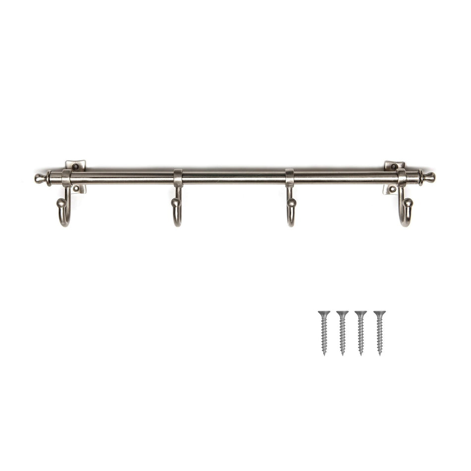 Satin Nickel Kitchen Rail with 4 Hooks – Wall-Mounted Utensil & Mug Hanger