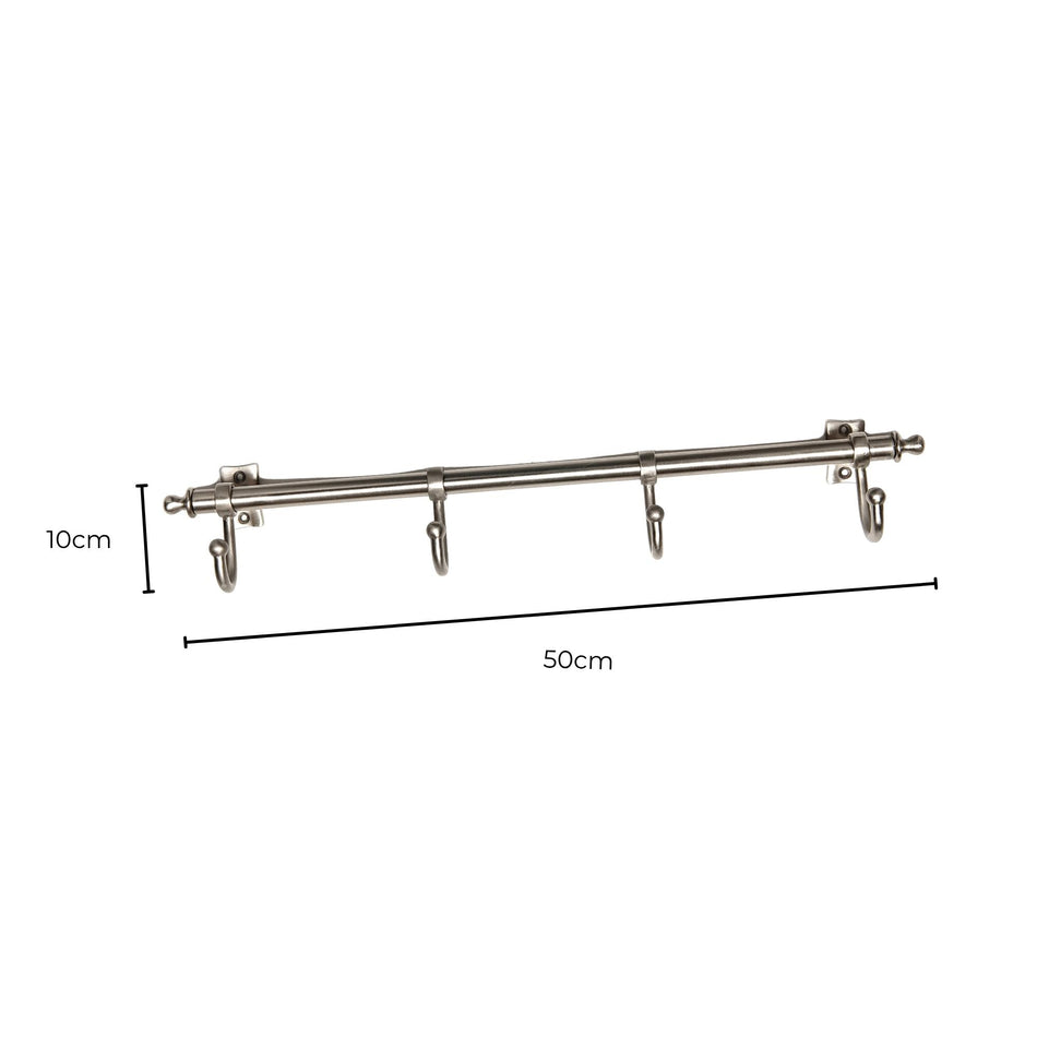 Satin Nickel Kitchen Rail with 4 Hooks – Wall-Mounted Utensil & Mug Hanger
