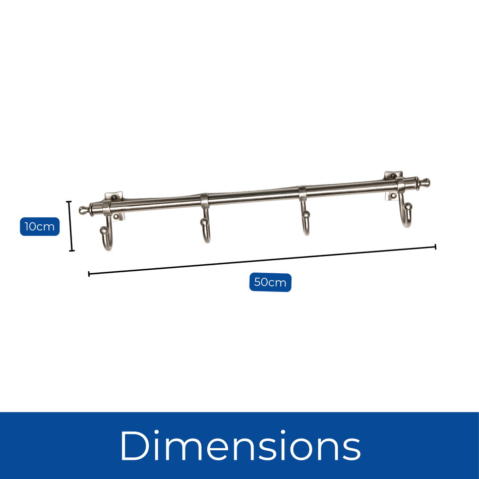 Satin Nickel Kitchen Rail with 4 Hooks – Wall-Mounted Utensil & Mug Hanger