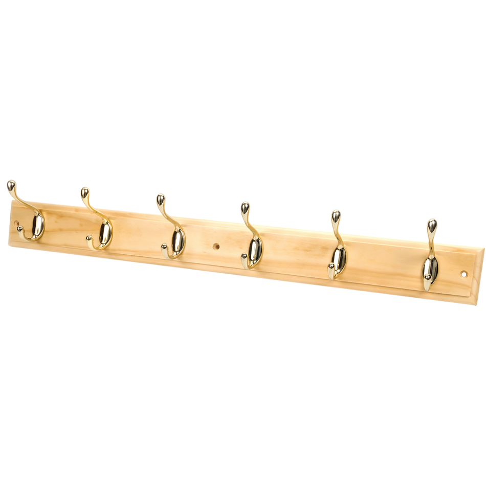 Pine Finish Wall Mounted Coat Rack with Basic Polished Brass Double Hooks - 6 Hooks