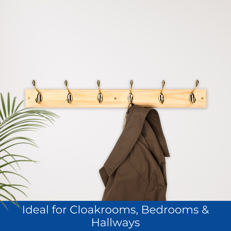 Pine Finish Wall Mounted Coat Rack with Basic Polished Brass Double Hooks - 6 Hooks