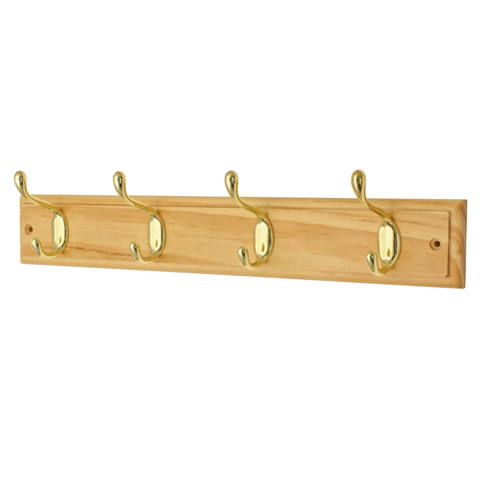 Pine Finish Wall Mounted Coat Rack with Basic Polished Brass Double Hooks - 4 Hooks