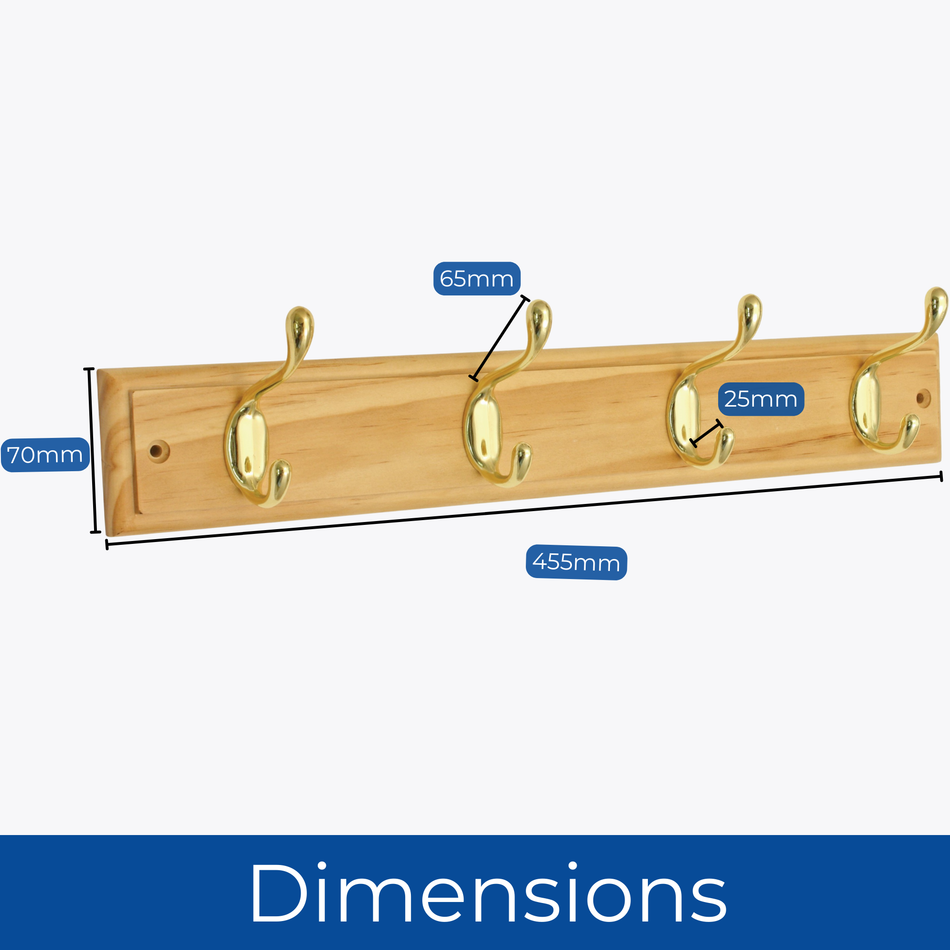 Pine Finish Wall Mounted Coat Rack with Basic Polished Brass Double Hooks - 4 Hooks