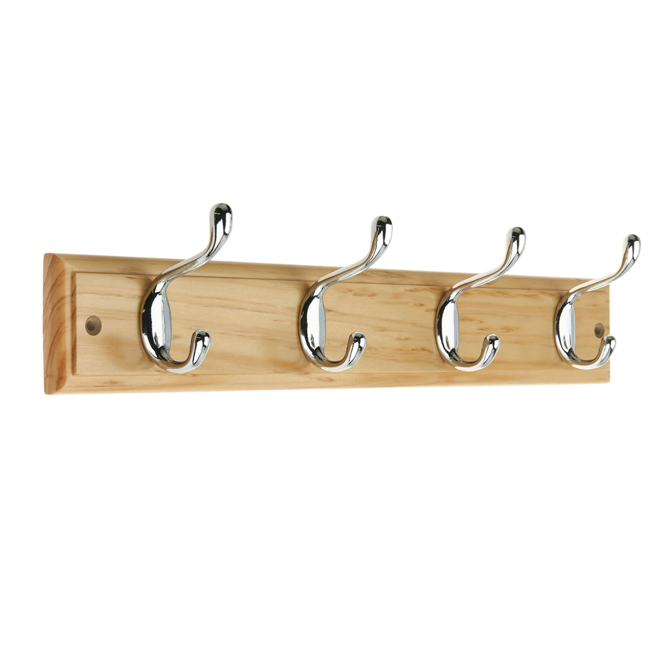 Pine Finish Wall Mounted Coat Rack with Basic Chrome Double Hooks - 4 Hooks