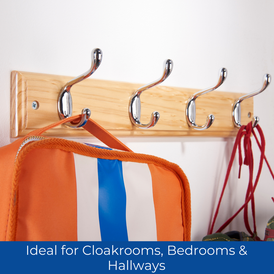 Pine Finish Wall Mounted Coat Rack with Basic Chrome Double Hooks - 4 Hooks