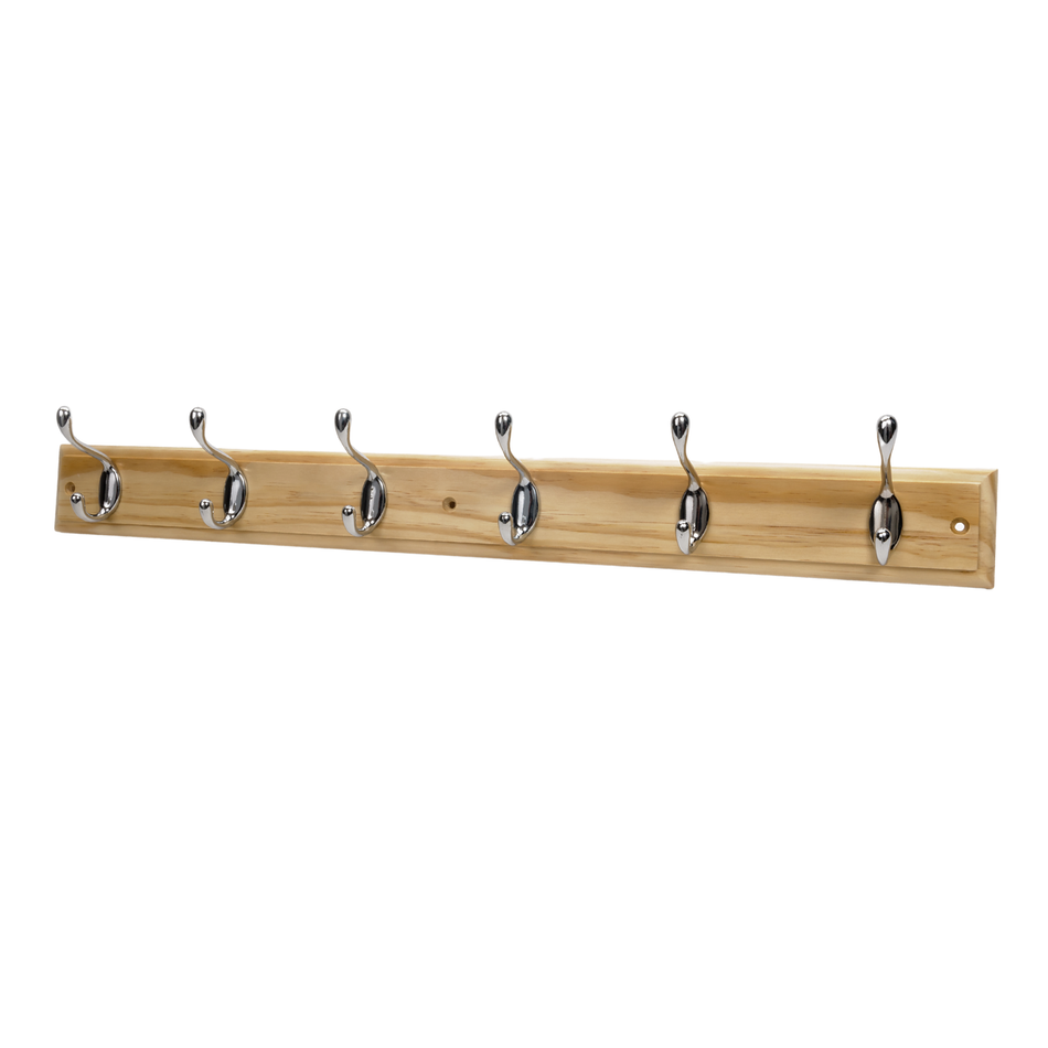 Pine Finish Wall Mounted Coat Rack with Basic Polished Chrome Double Hooks - 6 Hooks