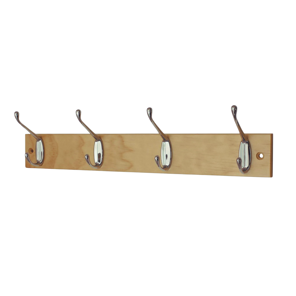 4-Hook Wall-Mounted Coat Rack- 450mm Pine Board-Double Chrome Hooks