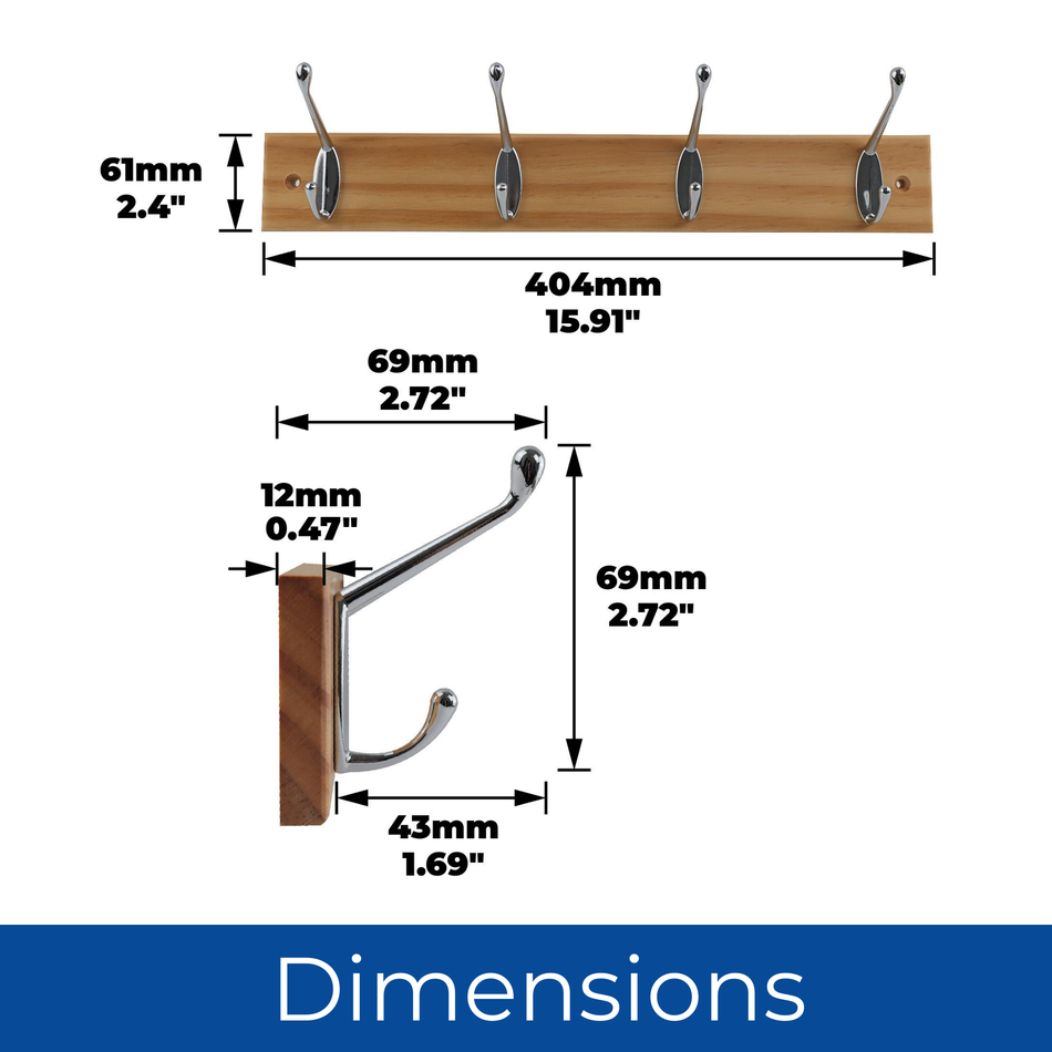 4-Hook Wall-Mounted Coat Rack- 450mm Pine Board-Double Chrome Hooks