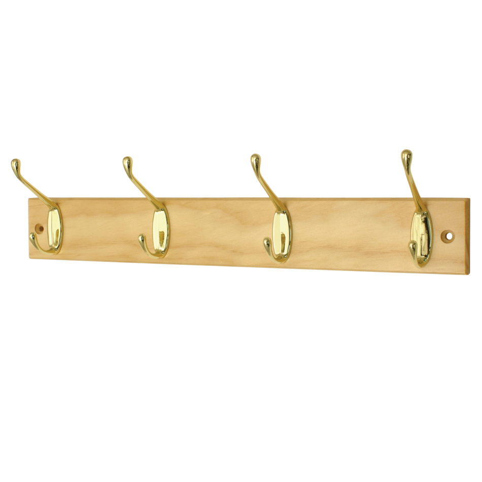 4-Hook Wall Mounted Coat Rack- 450mm Pine Board- Double Brass Hooks