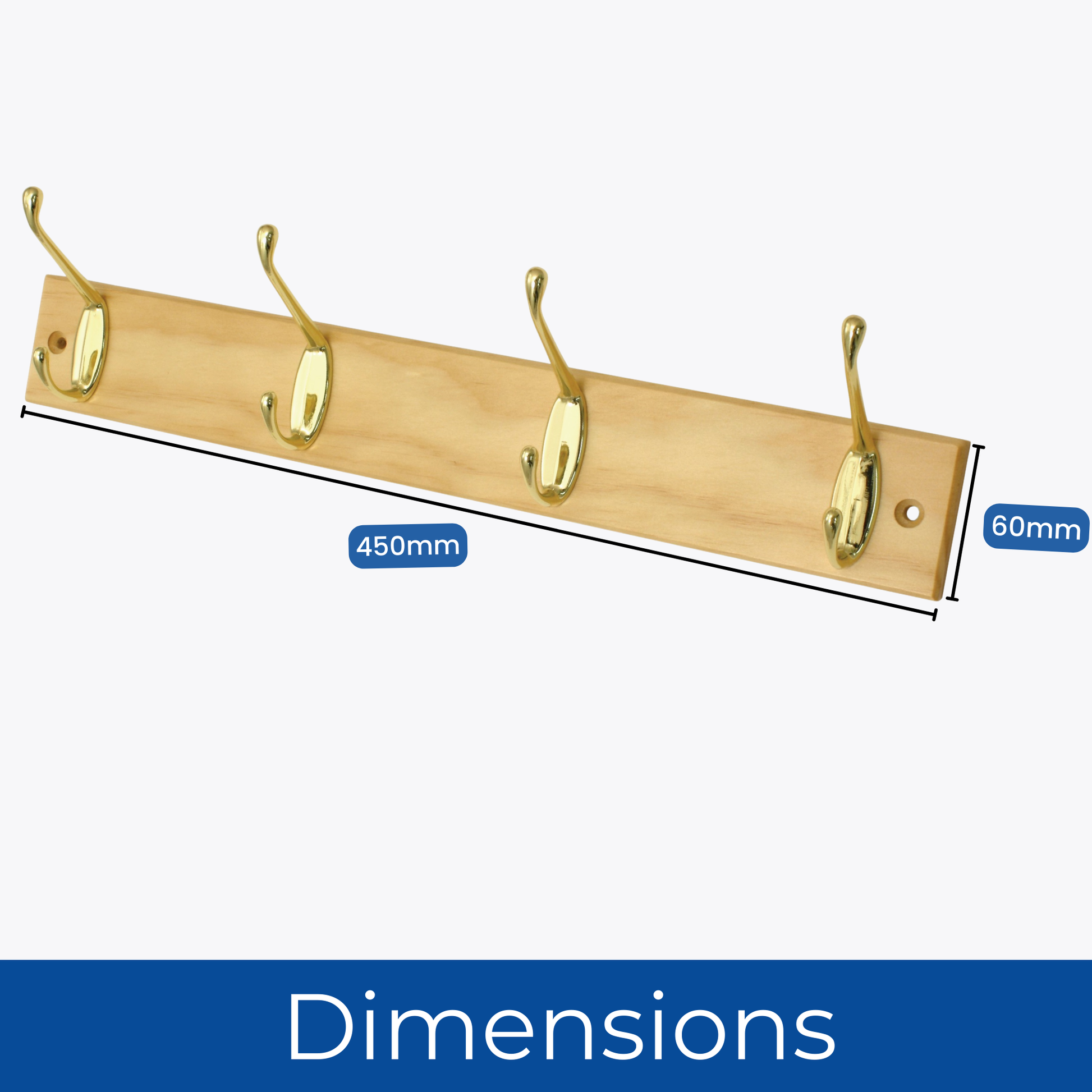4-Hook Wall Mounted Coat Rack- 450mm Pine Board- Double Brass Hooks ...