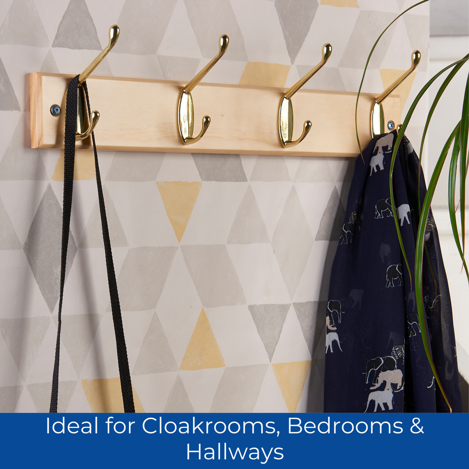 4-Hook Wall Mounted Coat Rack- 450mm Pine Board- Double Brass Hooks