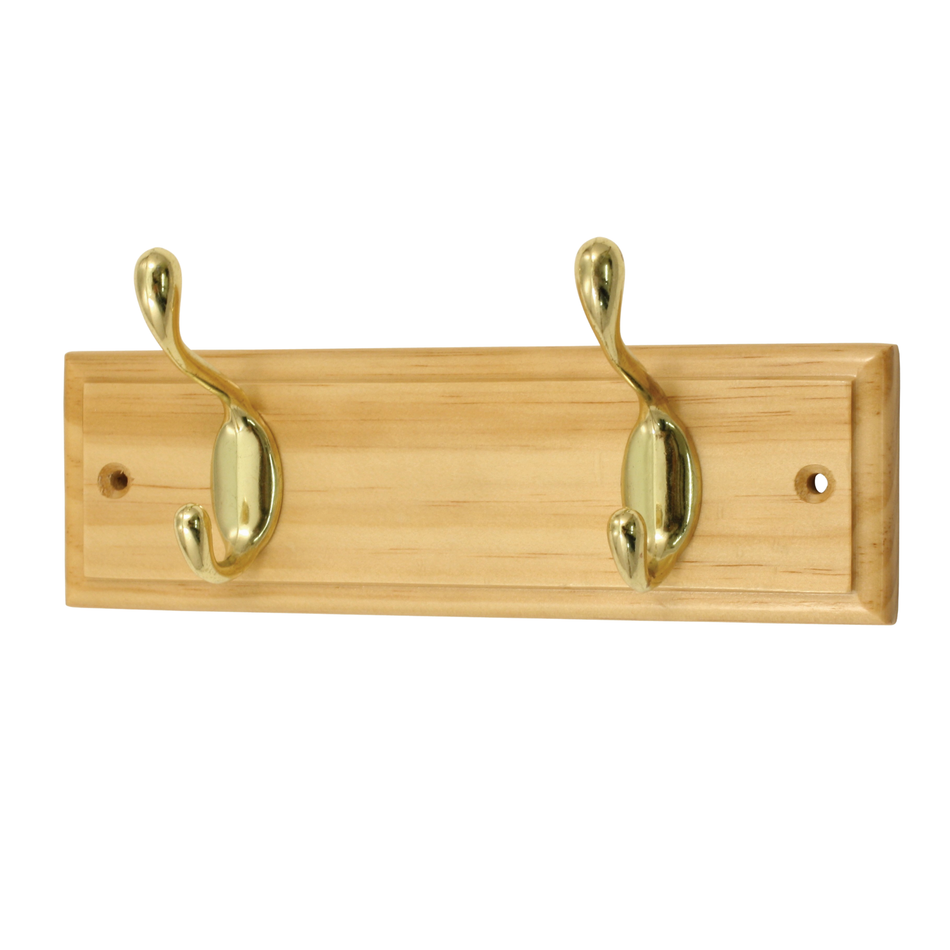 Pine Finish Wall Mounted Coat Rack with Basic Polished Brass Double Hooks - 2 Hooks