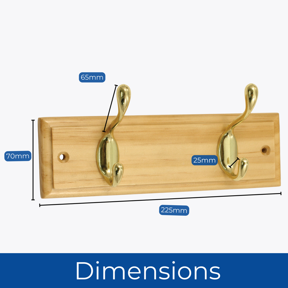 Pine Finish Wall Mounted Coat Rack with Basic Polished Brass Double Hooks - 2 Hooks