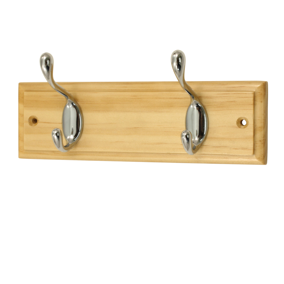Pine Finish Wall Mounted Coat Rack with Basic Chrome Double Hooks - 2 Hooks