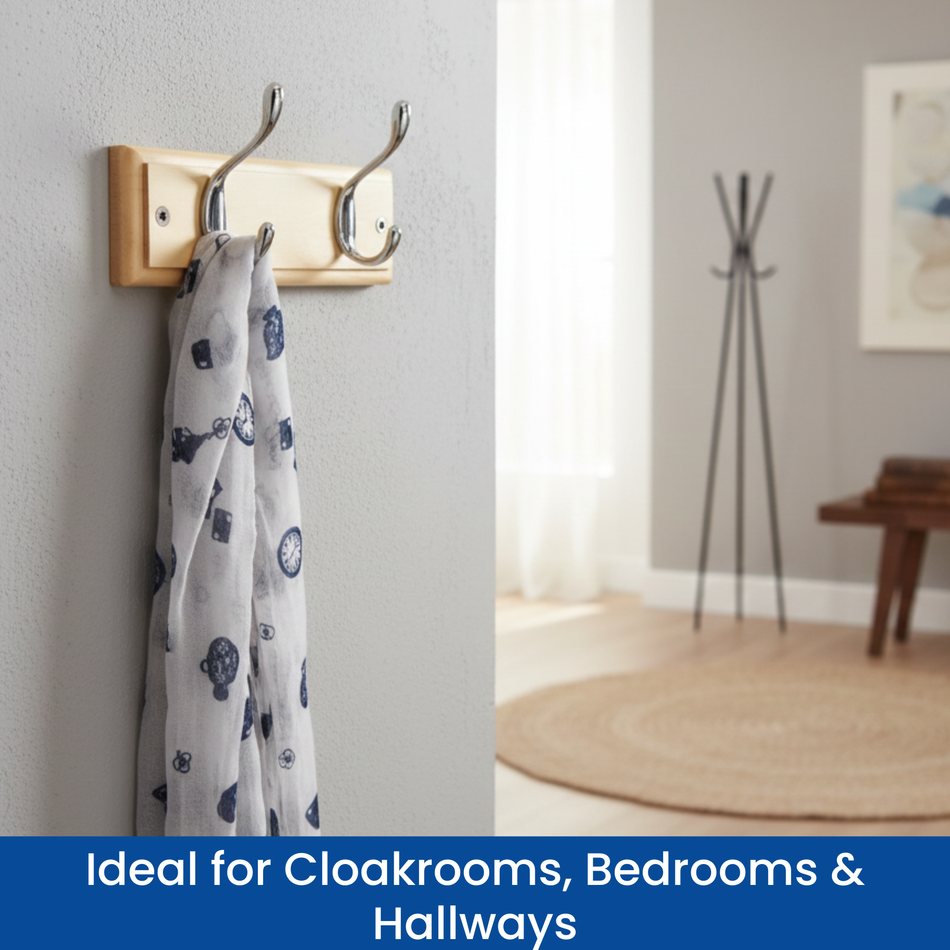 Pine Finish Wall Mounted Coat Rack with Basic Chrome Double Hooks - 2 Hooks