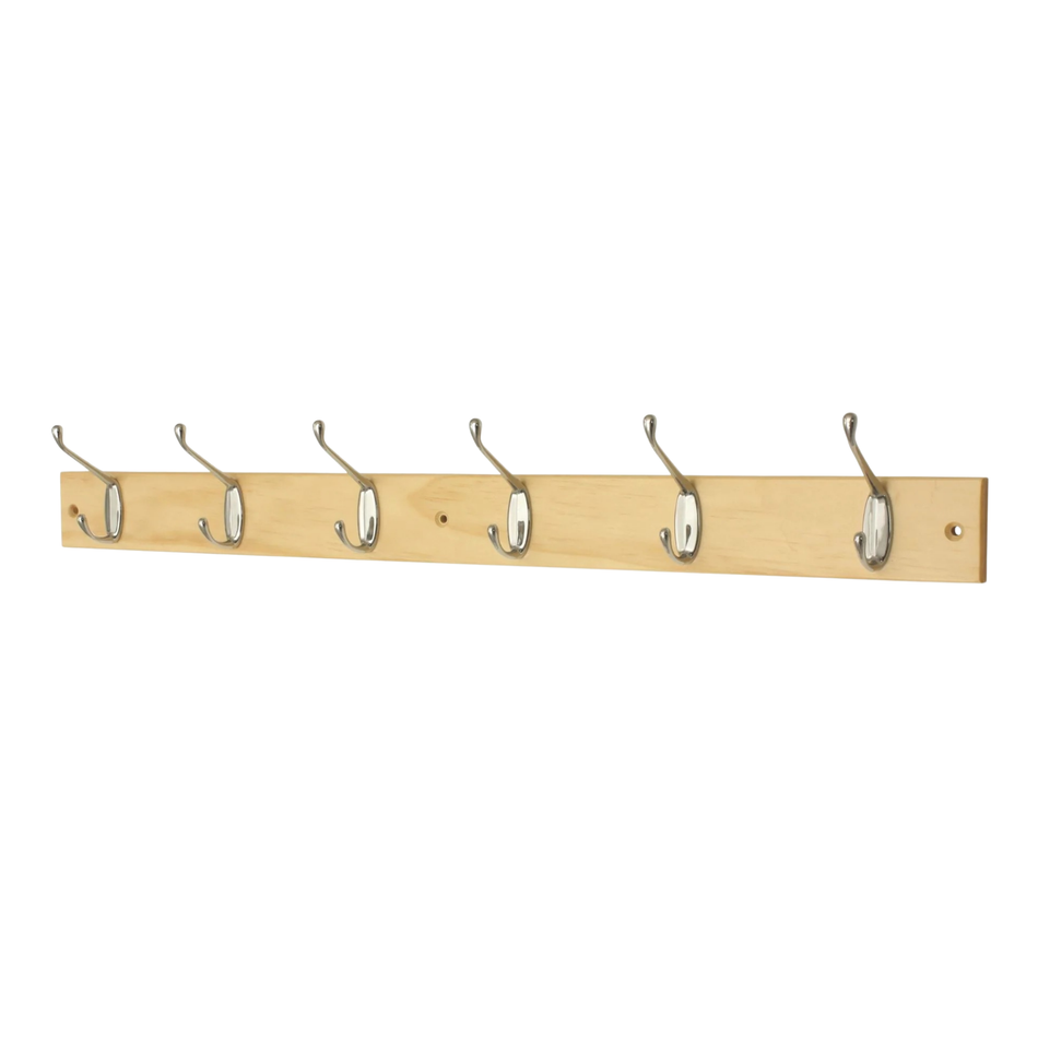 6-Hook Wall-Mounted Coat Rack-690mm Pine Board-Double Chrome Hooks
