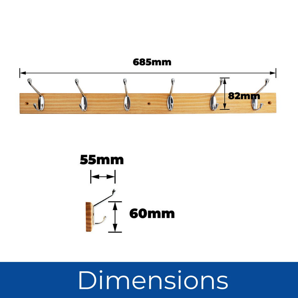 6-Hook Wall-Mounted Coat Rack-690mm Pine Board-Double Chrome Hooks