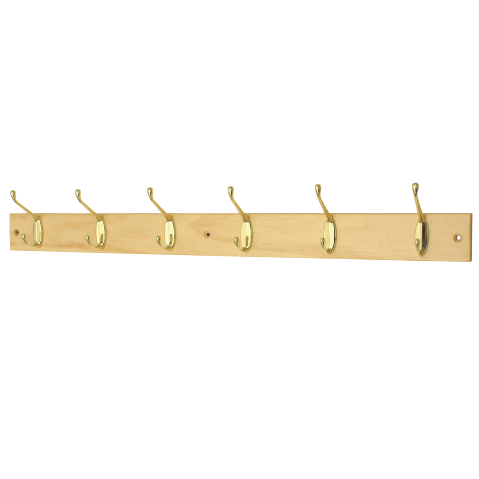 6-Hook Wall Mounted Coat Rack-690mm Solid Pine Board-Double Brass Hooks