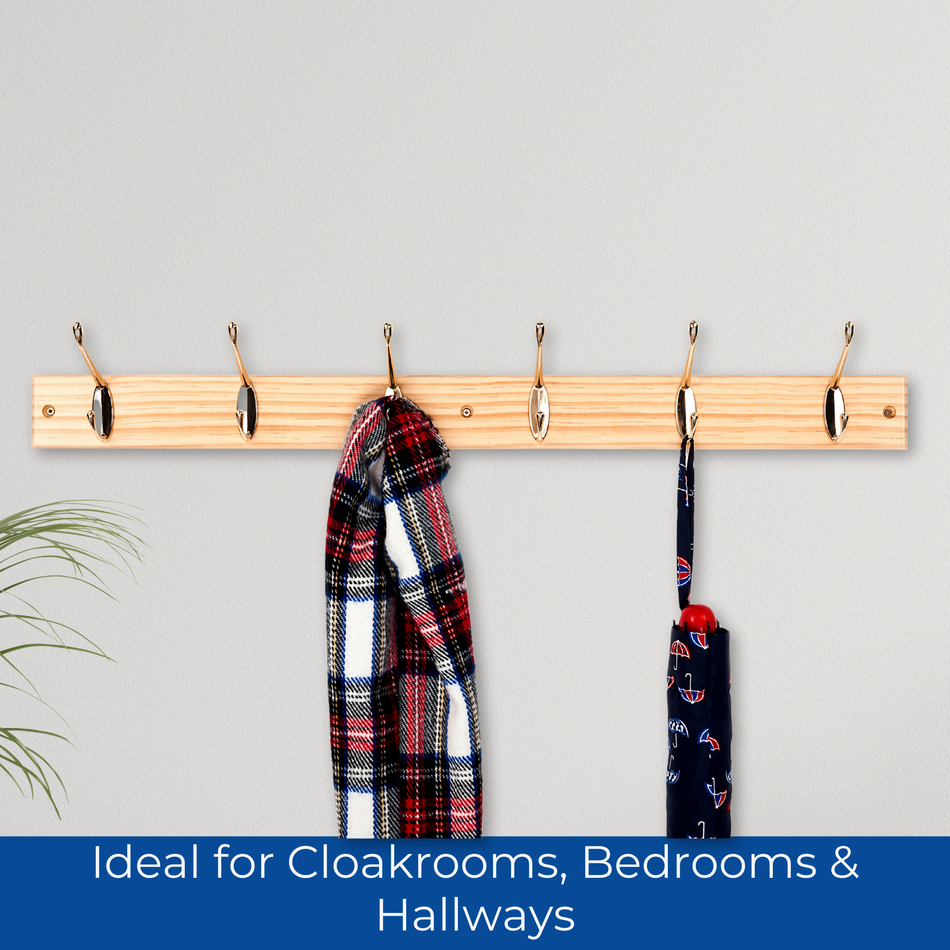 6-Hook Wall Mounted Coat Rack-690mm Solid Pine Board-Double Brass Hooks