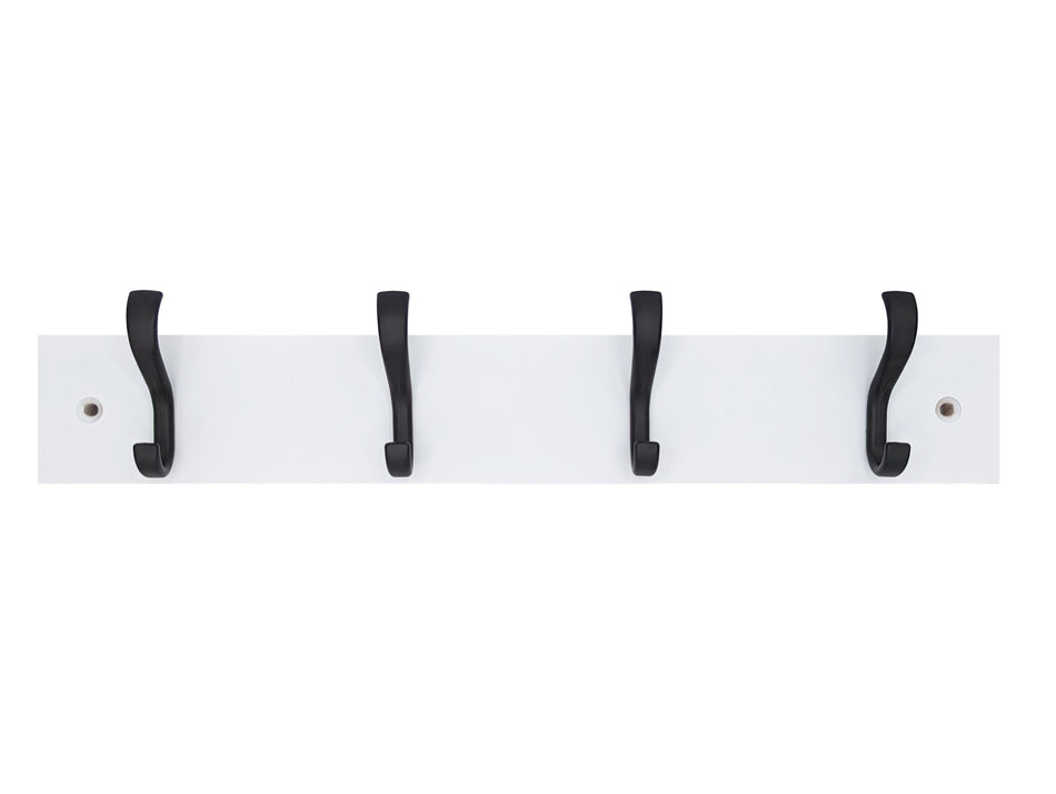 White Minimalist Wooden Wall Mounted Coat Rack with Basic Black Double Hooks - 4 Hooks