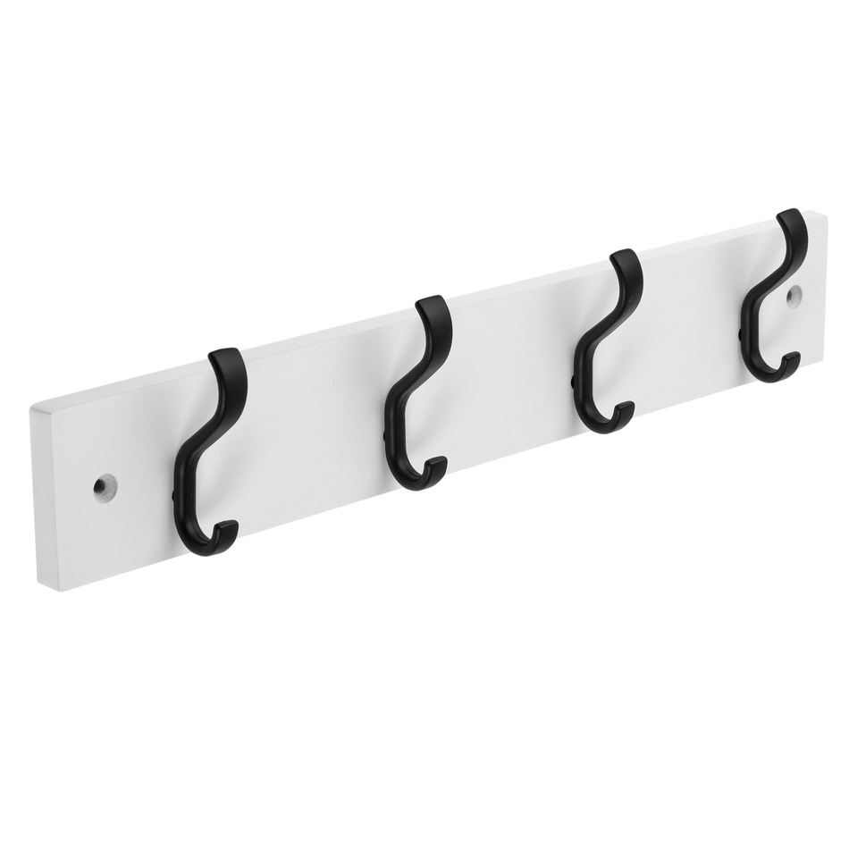 White Minimalist Wooden Wall Mounted Coat Rack with Basic Black Double Hooks - 4 Hooks