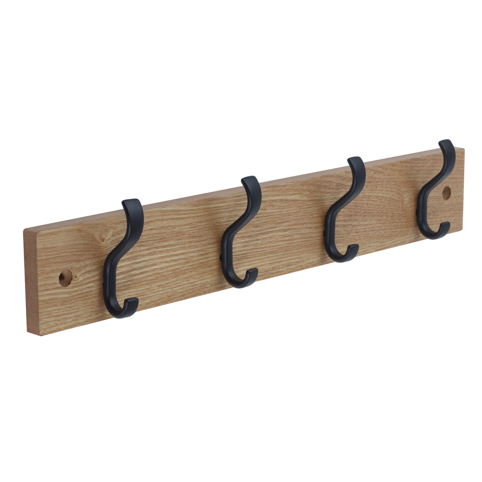 Ash Minimalist Wooden Wall Mounted Coat Rack with Basic Black Double Hooks - 4 Hooks