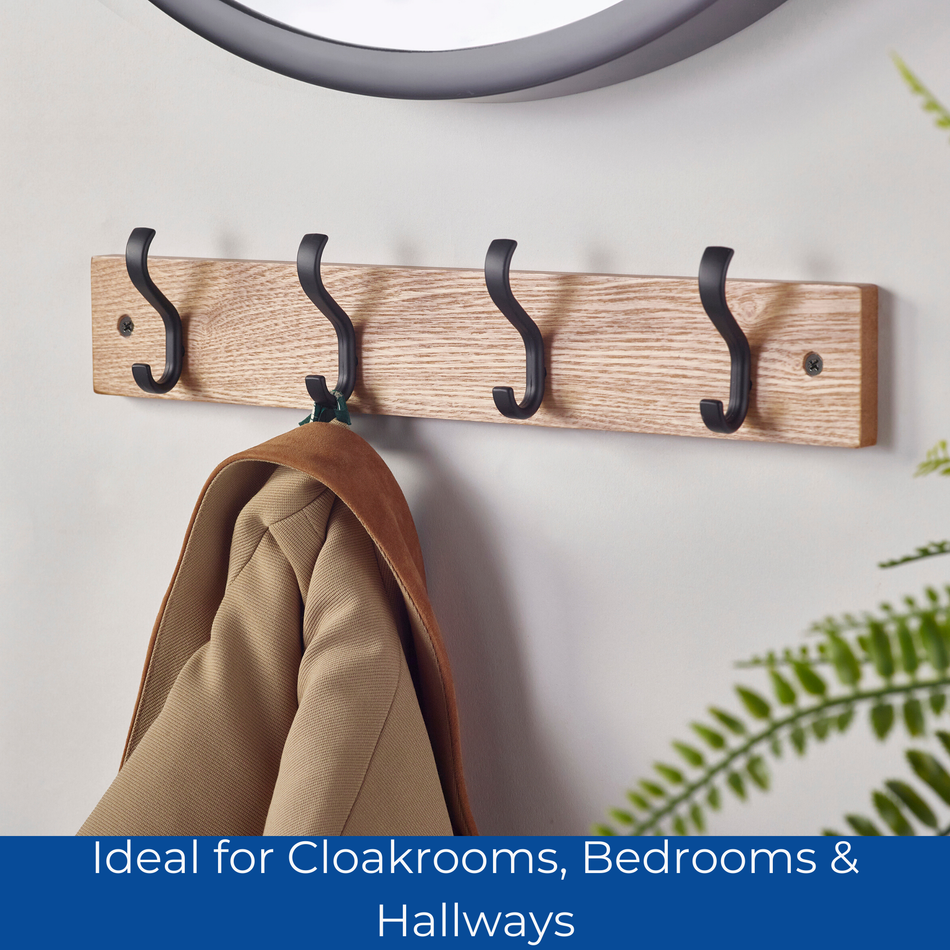 Ash Minimalist Wooden Wall Mounted Coat Rack with Basic Black Double Hooks - 4 Hooks