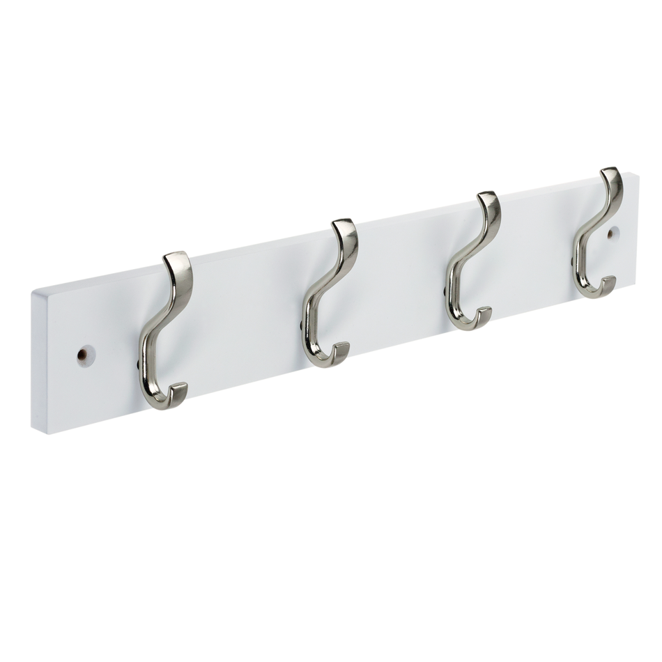 White Minimalist Wooden Wall Mounted Coat Rack with Basic Satin Nickel Double Hooks - 4 Hooks