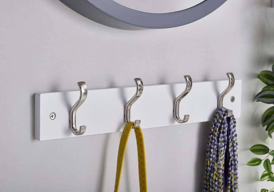 Coat Rack - 4 Basic Hooks in Satin Nickel on White Block