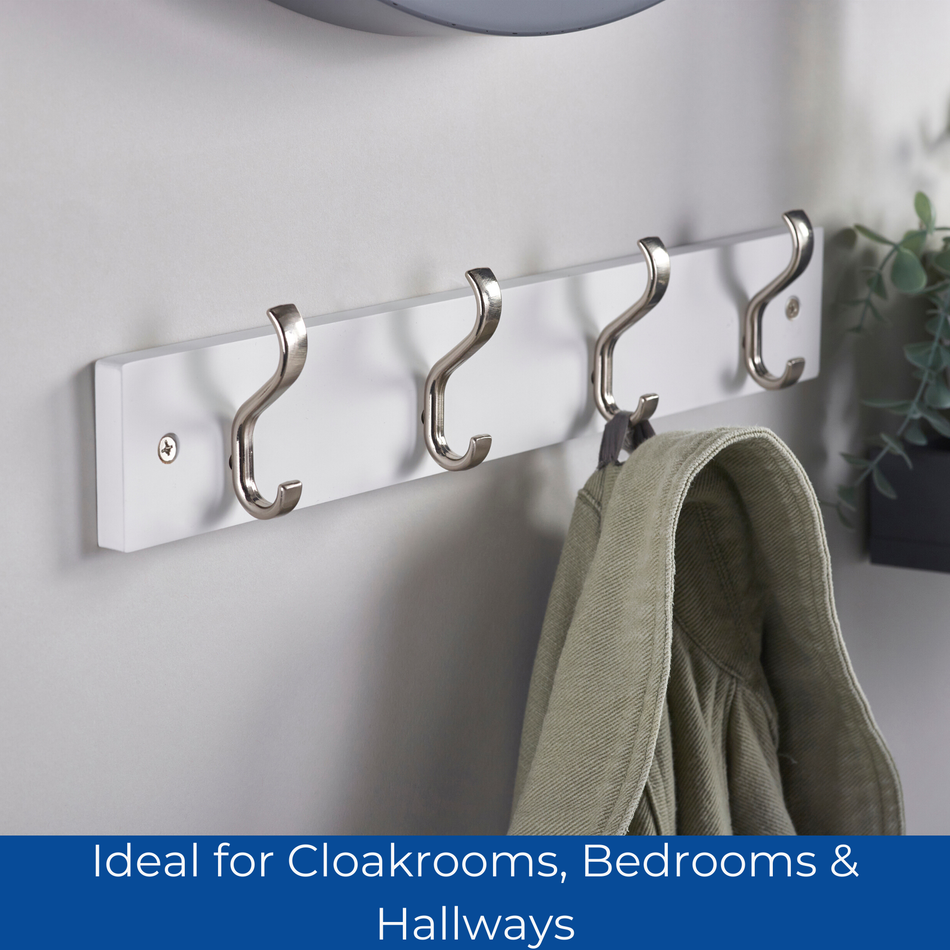 White Minimalist Wooden Wall Mounted Coat Rack with Basic Satin Nickel Double Hooks - 4 Hooks