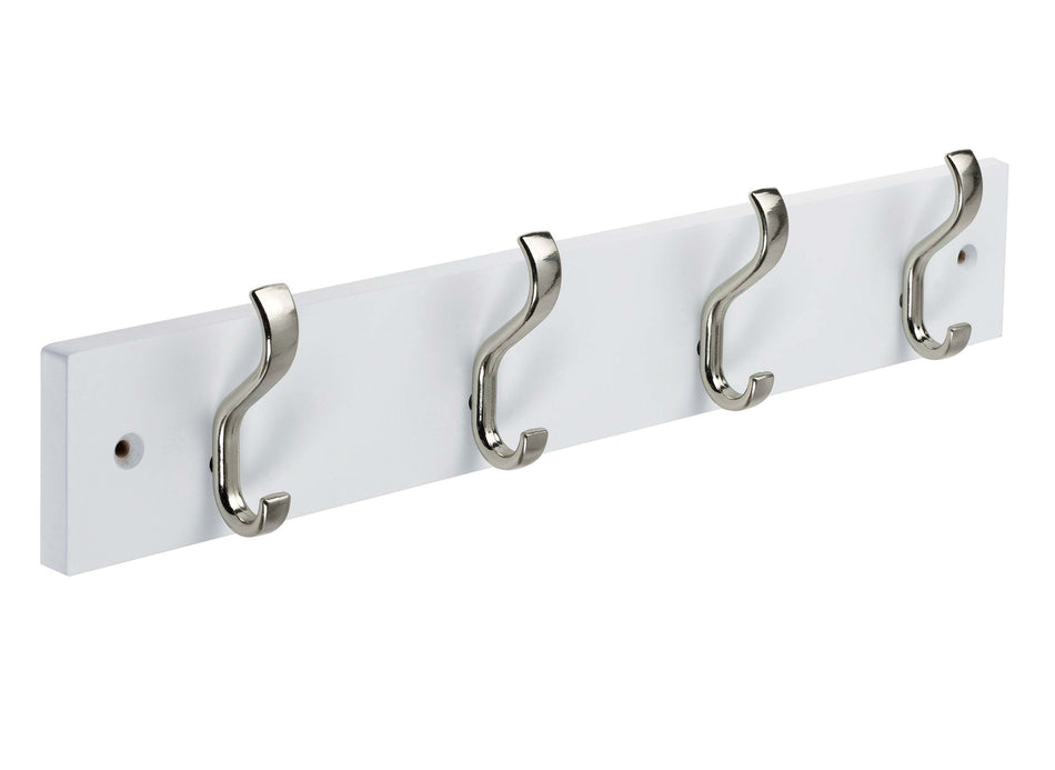 Coat Rack - 4 Basic Hooks in Satin Nickel on White Block