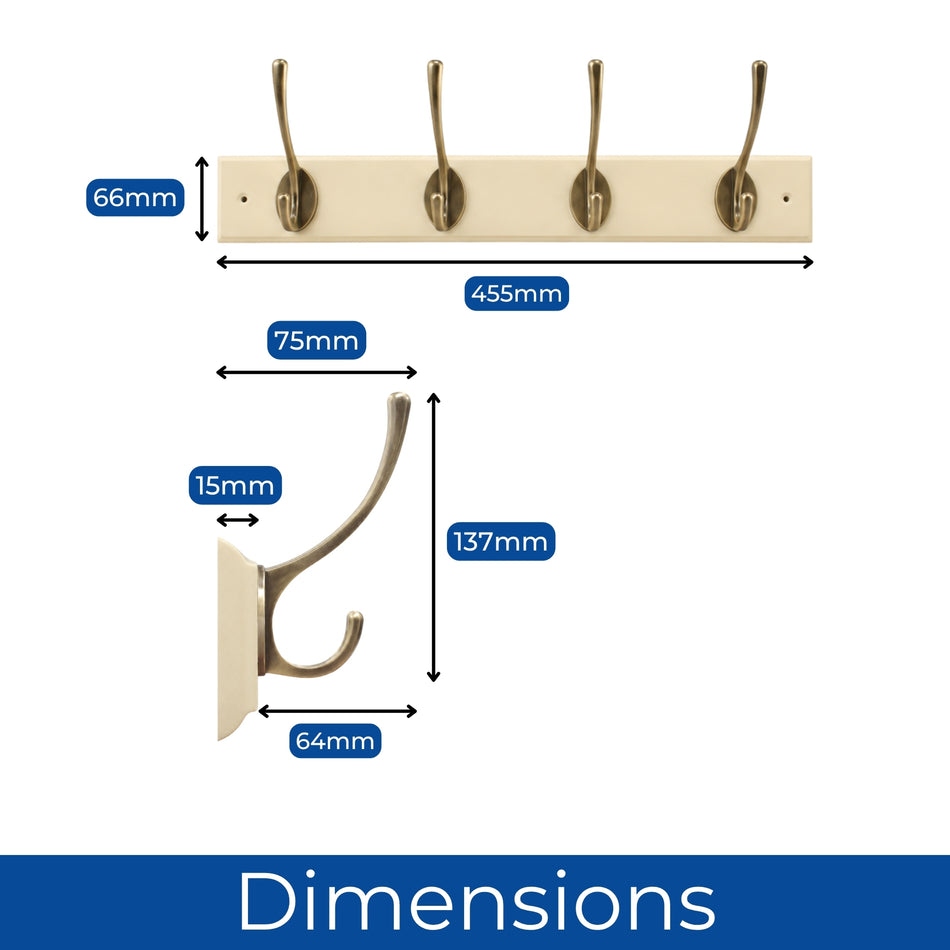 Cream Wall Mounted Coat Rack with Victorian Antique Brass Hooks - 4 Double Hooks