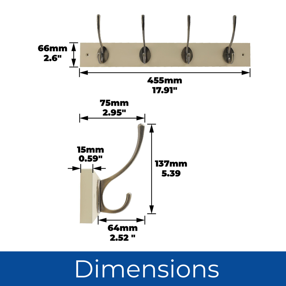 Cream Wall Mounted Coat Rack with Victorian Antique Brass Hooks - 4 Double Hooks