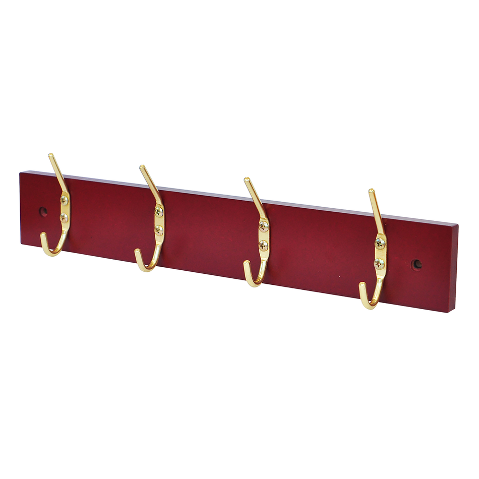 4-Hook Door Wall Mounted Coat Rack 38cm Mahogany Effect Board, Brass Coat Hooks