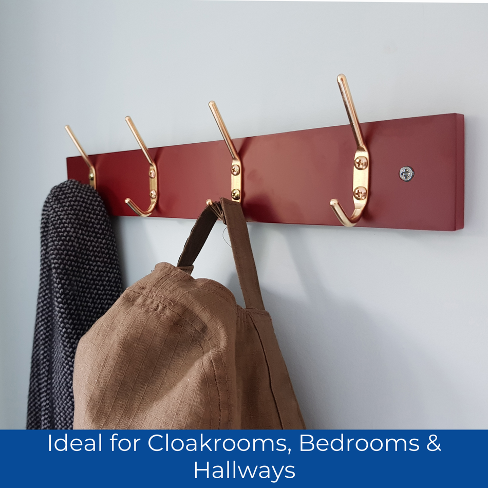 4-Hook Door Wall Mounted Coat Rack 38cm Mahogany Effect Board, Brass Coat Hooks