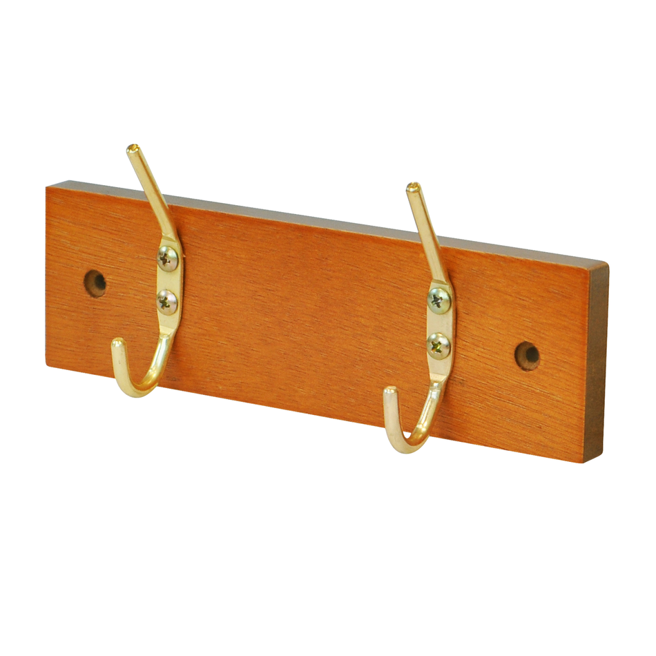 2-Hook Door Wall Mounted Coat Rack, 19.5cm - Pine Wooden Board, Brass Coat Hooks