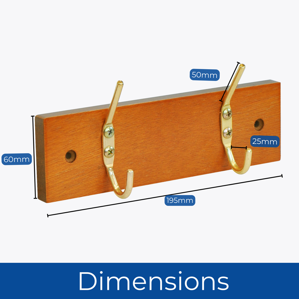 2-Hook Door Wall Mounted Coat Rack, 19.5cm - Pine Wooden Board, Brass Coat Hooks