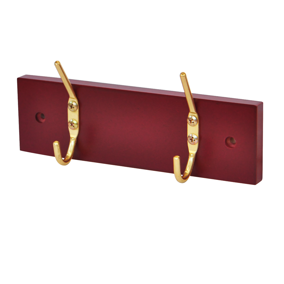 2-Hook Door Wall Mounted Coat Rack 19.5cm Mahogany Effect Board, Brass Coat Hook