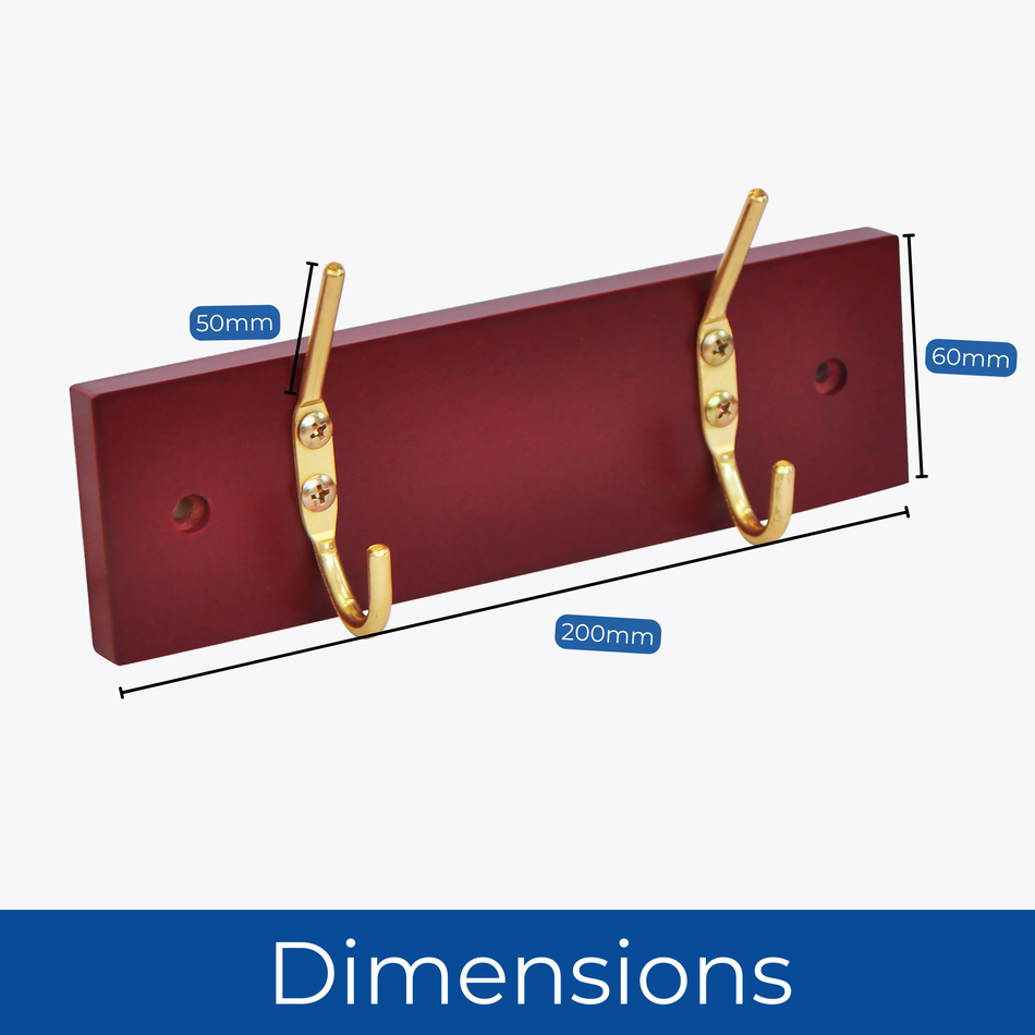 2-Hook Door Wall Mounted Coat Rack 19.5cm Mahogany Effect Board, Brass Coat Hook