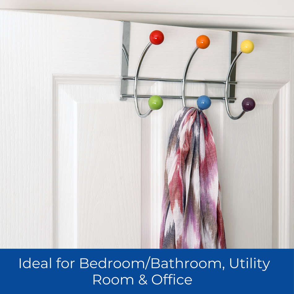 Chrome Over The Door Coat Rack - 3 Multicoloured Ceramic Double Hooks