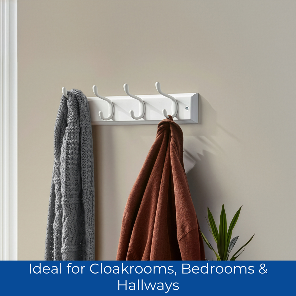 White Wooden Wall Mounted Coat Rack with Basic White Double Hooks - 4 Hooks