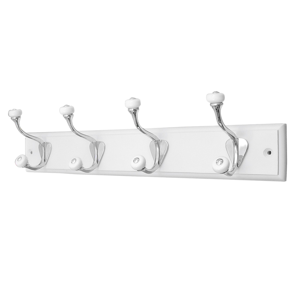 White Wooden Wall Mounted Coat Rack with Ceramic Tip Hooks - 4 Hooks