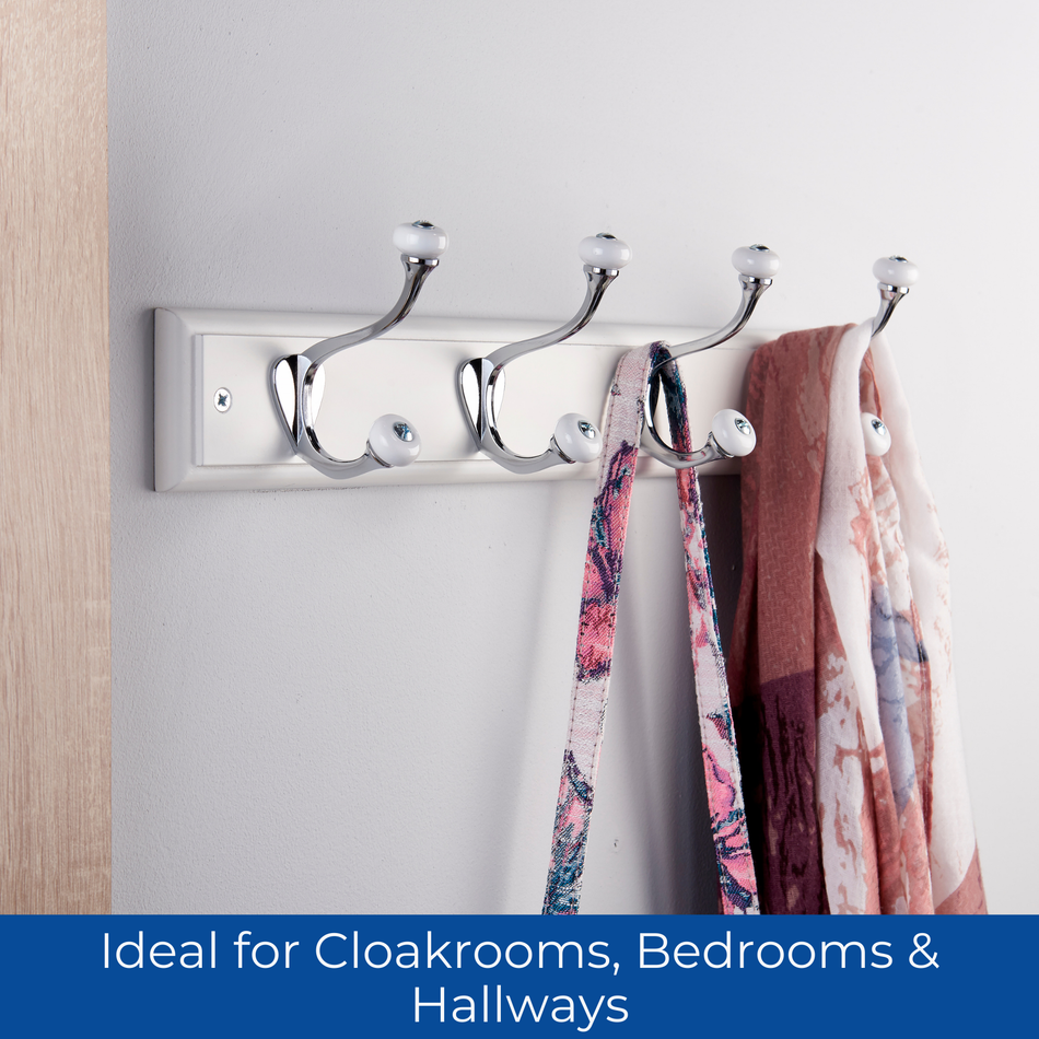 White Wooden Wall Mounted Coat Rack with Ceramic Tip Hooks - 4 Hooks