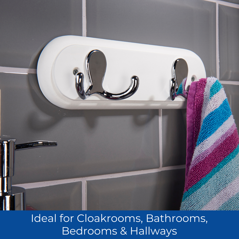White Wall Mounted Coat Rack with Chrome Double Hooks - 2 Hooks