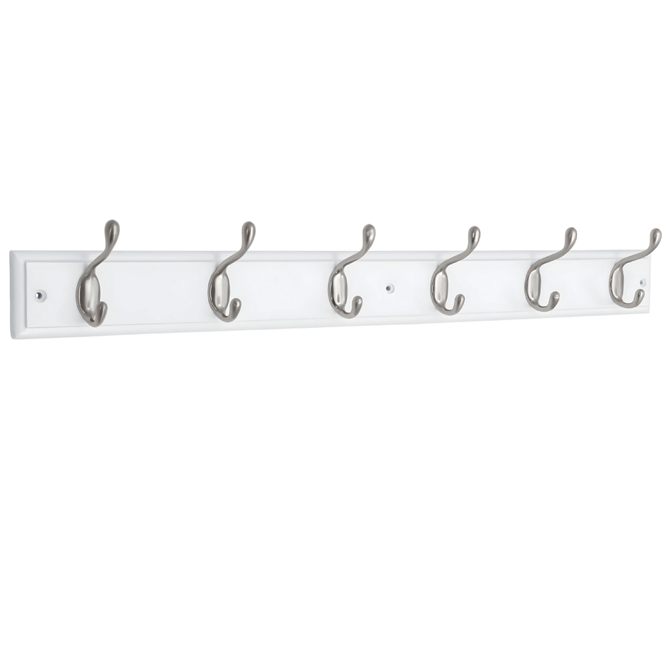 White Wooden Wall Mounted Coat Rack with Basic Satin Nickel Double Hooks - 6 Hooks