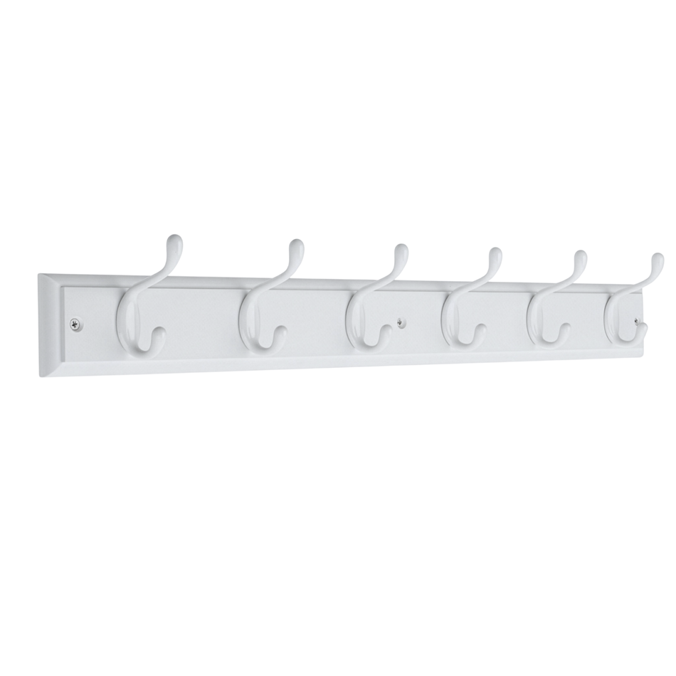 White Wooden Wall Mounted Coat Rack with Basic White Double Hooks - 6 Hooks