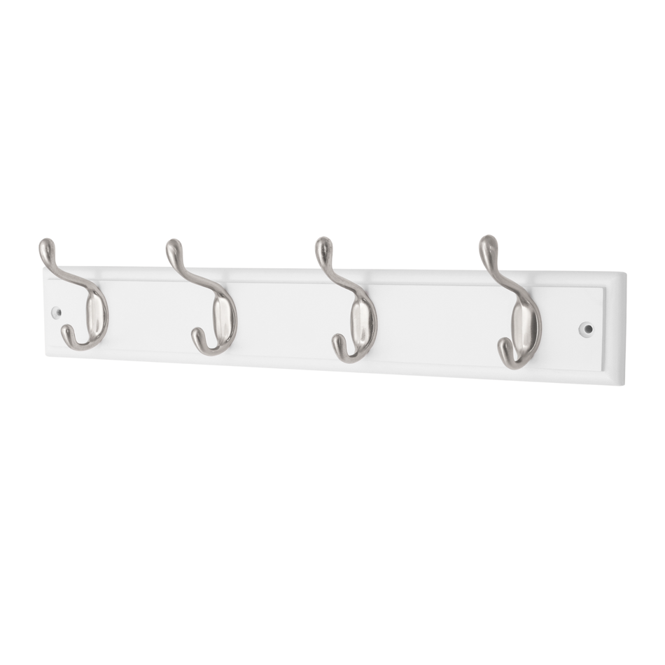 White Wooden Wall Mounted Coat Rack with Basic Satin Nickel Double Hooks - 4 Hooks